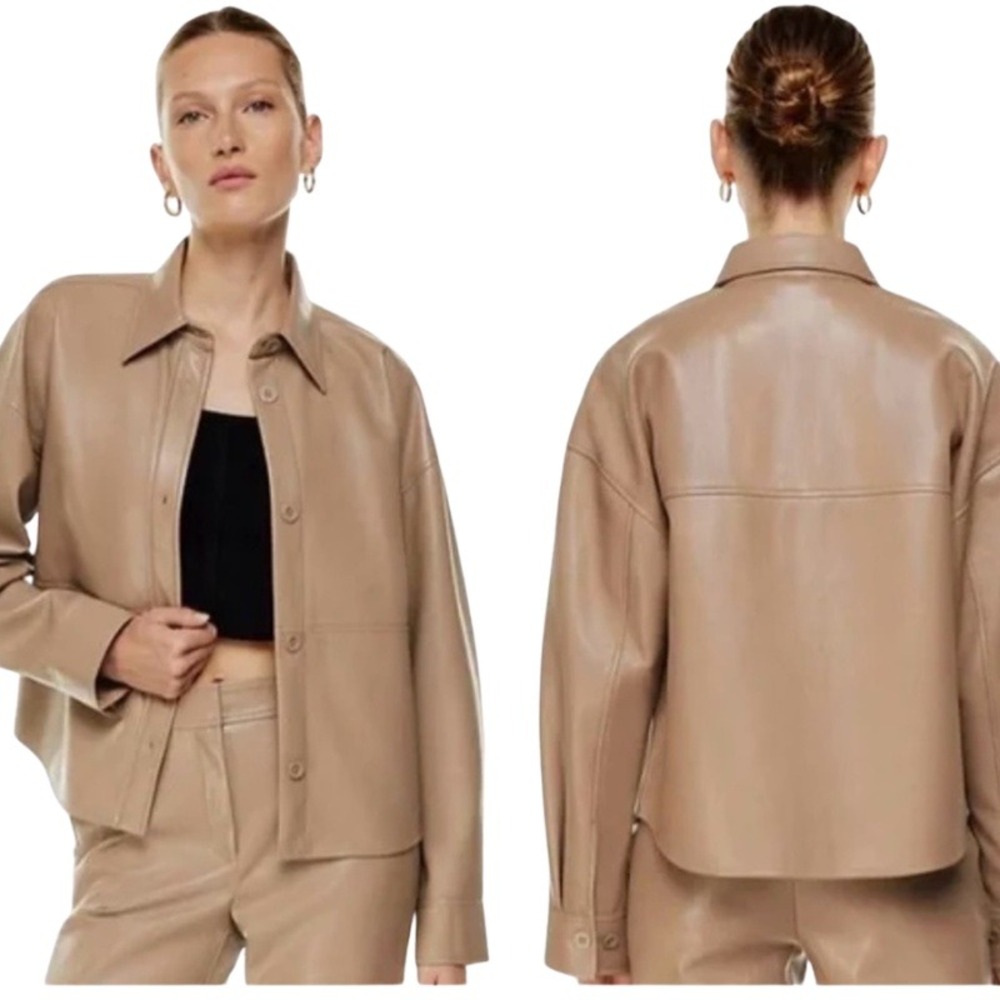 Babaton Pelli Hip Shirt Jacket Vegan Leather Camel Brown Cropped Shacket Size M